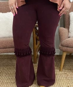 Fashiongo: Chatoyant Fringed Crochet Washed Bell Bottom Flare Pants In Burgundy