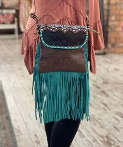 Myra Bag Teal Leather & Hairon Side Fringe Purse ACCESSORIES