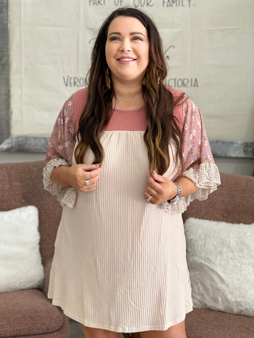 Fashingo: Umgee Floral Sleeve Waffle Knit Dress With Pockets 2 Fashingo: Umgee Floral Sleeve Waffle Knit Dress With Pockets