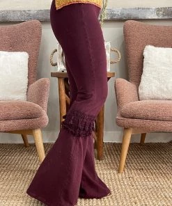 Fashiongo: Chatoyant BOTTOMS Fringed Crochet Washed Bell Bottom Pants In Burgundy
