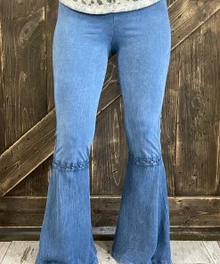 Fashiongo: Chatoyant Washed Waffle Bell Bottom Flare Pants In Light Denim BOTTOMS
