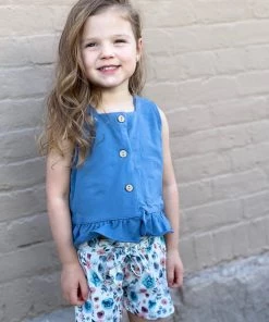 Honeydew GIRLS Ruffle Tank Top + Paperbag Shorts Set In Blue