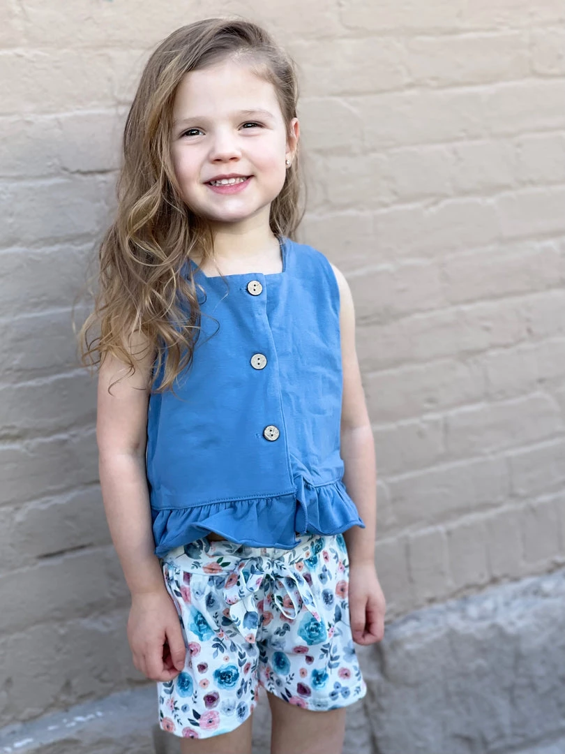 Honeydew GIRLS Ruffle Tank Top + Paperbag Shorts Set In Blue 1 Honeydew GIRLS Ruffle Tank Top + Paperbag Shorts Set In Blue