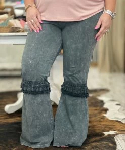 Fashiongo: Chatoyant BOTTOMS Fringed Crochet Washed Bell Bottom Flare Pants In Taupe Grey