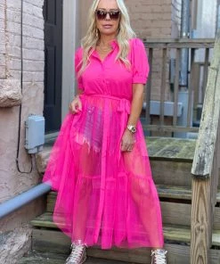 Flying Tomato Tulle Shirt Dress Cover Up In Hot Pink TOPS