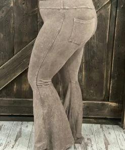 Fashiongo: Chatoyant BOTTOMS Washed Bell Bottom Flare Pants With Pockets In Desert Taupe