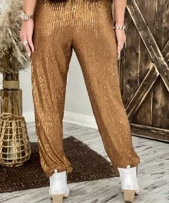 Kori America BOTTOMS Sequin Jogger Pants In Brown