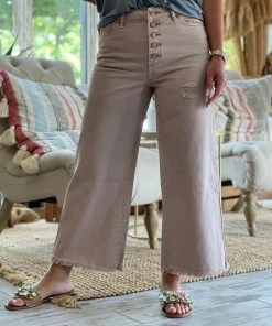Easel Button Fly Wide Leg Pants With Raw Hem In Light Mauve BOTTOMS