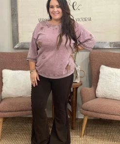 Fashiongo: Chatoyant Washed Bell Bottom Flare Pants With Lace Details In Brown BOTTOMS