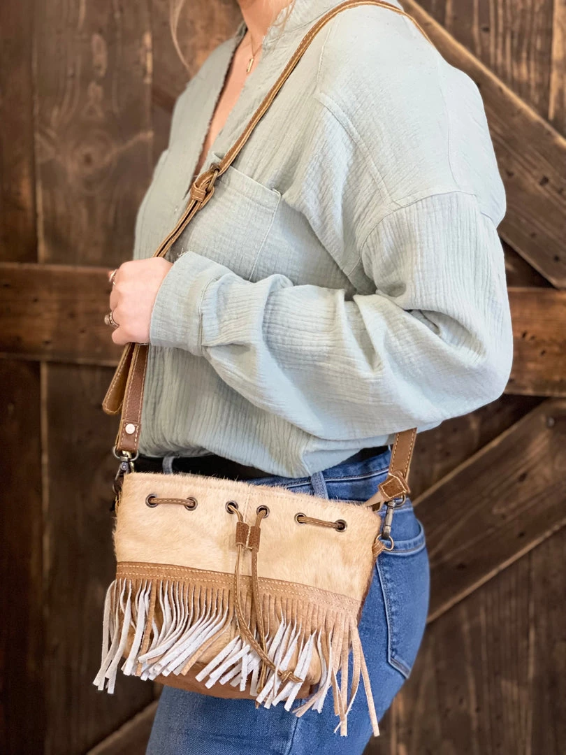 Myra Bag ACCESSORIES Brown & White Fringe Hairon Crossbody Purse 1 Myra Bag ACCESSORIES Brown & White Fringe Hairon Crossbody Purse