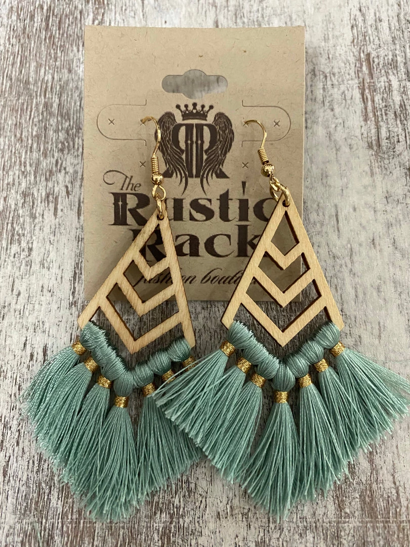 Golden Stella ACCESSORIES Wood Chevron Tassel Earrings In Mint 1 Golden Stella ACCESSORIES Wood Chevron Tassel Earrings In Mint