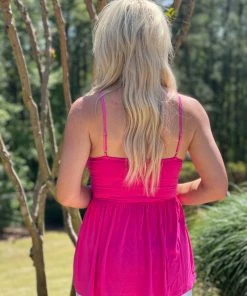 Blue B Crochet Lace Strappy Bralette Tank In Hot Pink