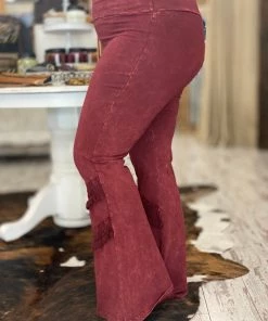 Fashiongo: Chatoyant Washed Bell Bottom Flare With Fringe In Wine BOTTOMS