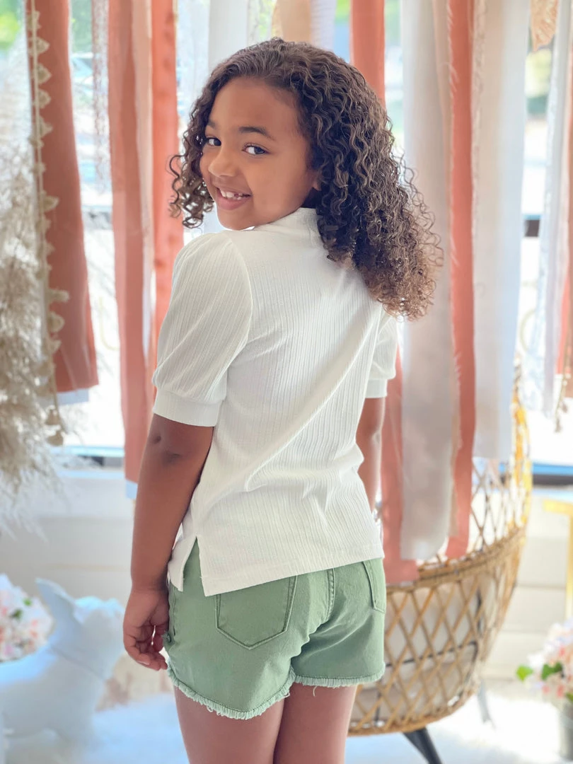 Hayden Of Los Angeles GIRLS Ribbed Puff Sleeve Top In White 2 Hayden Of Los Angeles GIRLS Ribbed Puff Sleeve Top In White