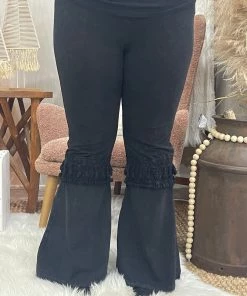 Fashiongo: Chatoyant Fringed Crochet Washed Bell Bottom Flare Pants In Black BOTTOMS