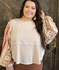 Easel Mixed Print Bubble Sleeve Tunic Top
