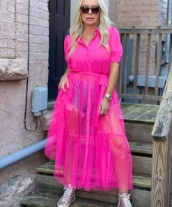 Flying Tomato Tulle Shirt Dress Cover Up In Hot Pink TOPS