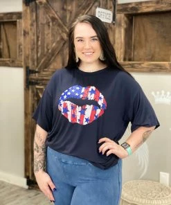Blue Buttercup TOPS American Flag Lips Loose Fit Tee