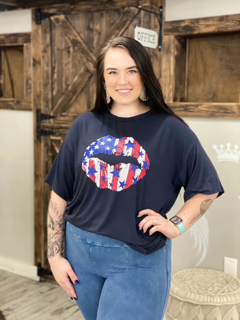 Blue Buttercup TOPS American Flag Lips Loose Fit Tee 1 Blue Buttercup TOPS American Flag Lips Loose Fit Tee