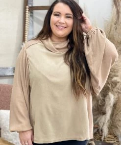 Davi & Dani Mixed Fabric Bubble Sleeve Turtleneck Top