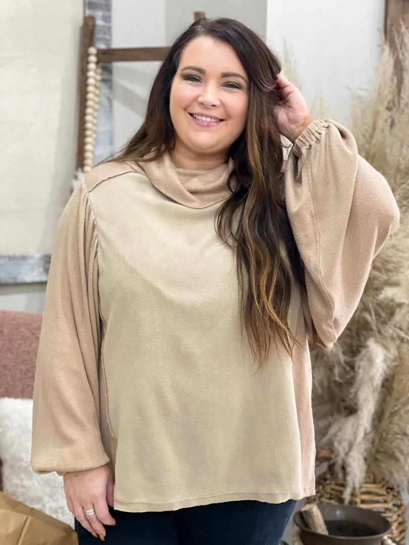 Davi & Dani Mixed Fabric Bubble Sleeve Turtleneck Top 1 Davi & Dani Mixed Fabric Bubble Sleeve Turtleneck Top