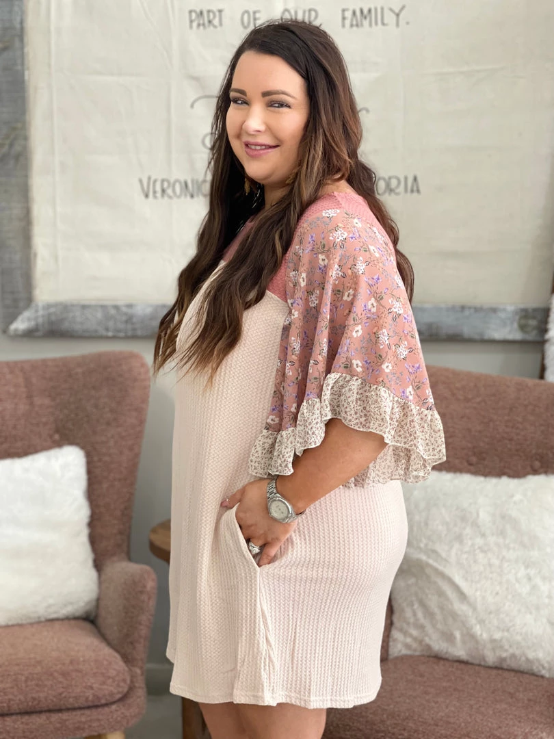 Fashingo: Umgee Floral Sleeve Waffle Knit Dress With Pockets 4 Fashingo: Umgee Floral Sleeve Waffle Knit Dress With Pockets