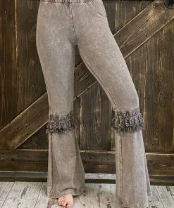 Fashiongo: Chatoyant Fringed Crochet Washed Bell Bottom Flare Pants In Desert Taupe BOTTOMS