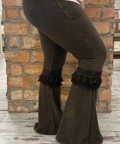 Fashiongo: Chatoyant Fringed Crochet Washed Bell Bottom Flare Pants In Brown BOTTOMS