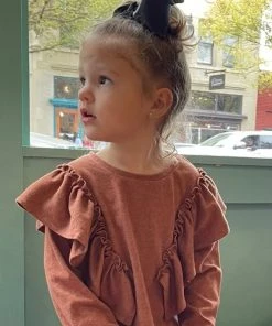 Vignette Long Sleeve Ruffle Top In Rust GIRLS