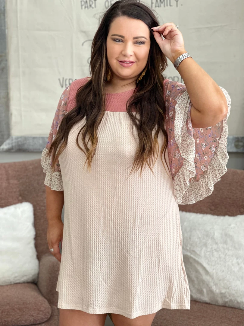 Fashingo: Umgee Floral Sleeve Waffle Knit Dress With Pockets 1 Fashingo: Umgee Floral Sleeve Waffle Knit Dress With Pockets