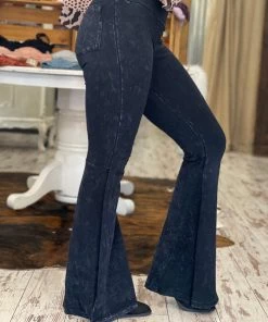 Fashiongo: Chatoyant Washed Bell Bottom Flare Pants With Pockets In Black