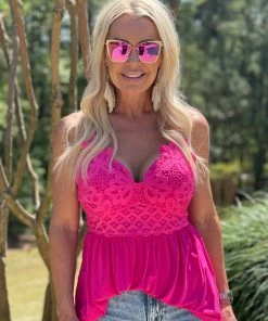 Blue B Crochet Lace Strappy Bralette Tank In Hot Pink