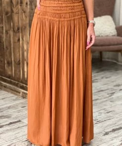 Kori America BOTTOMS Elastic Ruffle Waist Maxi Skirt In Camel