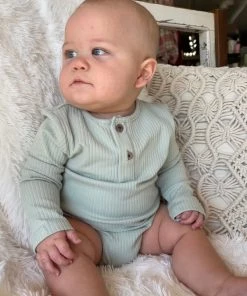 Ettie + H Double Button Onesie/ Shirt In Sage BOYS