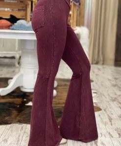 Fashiongo: Chatoyant Washed Bell Bottom Flare Pants With Pockets In Burgundy
