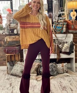 Fashiongo: Chatoyant BOTTOMS Fringed Crochet Washed Bell Bottom Pants In Burgundy