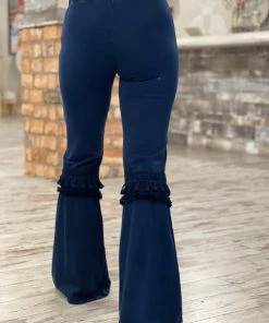 Fashiongo: Chatoyant Fringed Crochet Washed Bell Bottom Flare Pants In Blue BOTTOMS