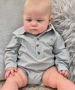 Me & Henry Grey Plaid Collared Onesie