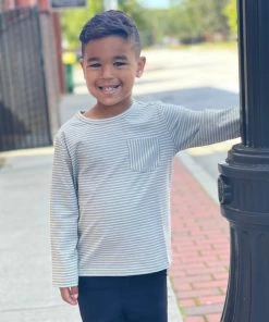 Me & Henry Long Sleeve Striped Pocket Shirt In Sage