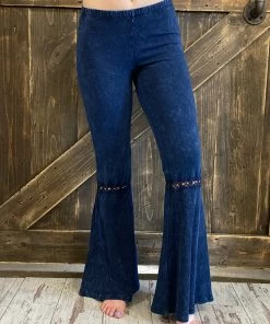 Fashiongo: Chatoyant Washed Waffle Bell Bottom Flare Pants In Dark Denim