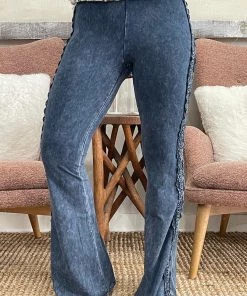 Fashiongo: Chatoyant Washed Bell Bottom Flare Pants With Lace Crochet In Dark Blue Grey