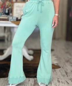Easel BOTTOMS Washed Drawstring Bell Bottom Pants In Seafoam