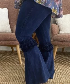 Fashiongo: Chatoyant BOTTOMS Fringed Crochet Washed Bell Bottom Flare Pants In Blue