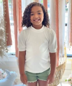 Hayden Of Los Angeles GIRLS Ribbed Puff Sleeve Top In White