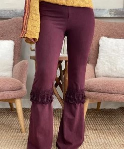 Fashiongo: Chatoyant BOTTOMS Fringed Crochet Washed Bell Bottom Pants In Burgundy