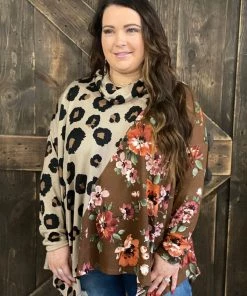 Oddi Floral & Leopard Color Block Cowl Neck Top