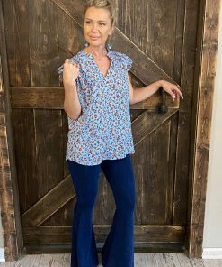 Fashiongo: Chatoyant Washed Bell Bottom Flare Pants With Pockets In Dark Blue BOTTOMS