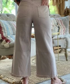 Easel Button Fly Wide Leg Pants With Raw Hem In Light Mauve BOTTOMS