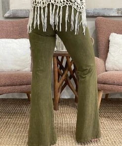 Fashiongo: Chatoyant Washed Bell Bottom Flare Pants In Pale Olive BOTTOMS