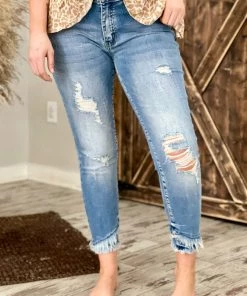 Kancan Mid Rise Distressed Asymmetric Hem Skinny Jeans BOTTOMS